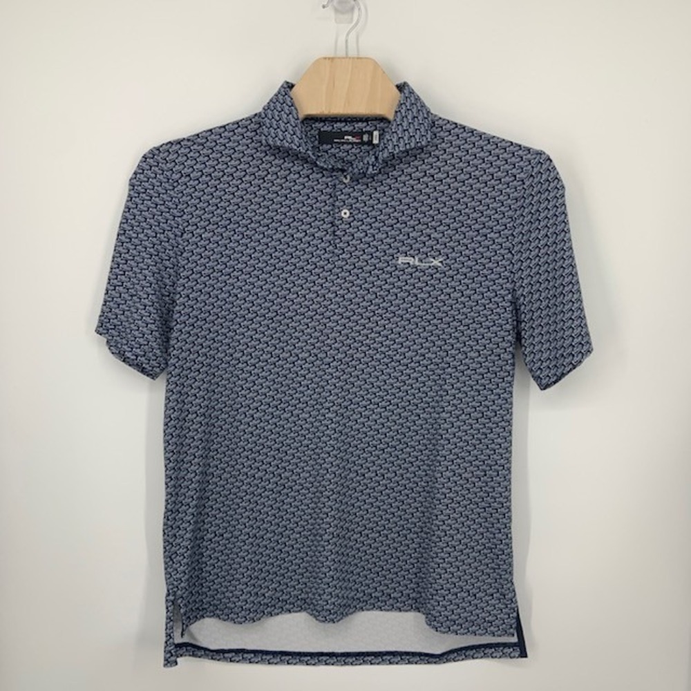 RLX Ralph Lauren Golf Polo L Navy Boat Print Nautical Performance Stretch Shirt